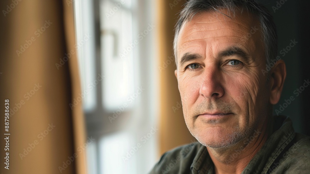 Obraz premium Portrait of mature man with grey hair and stubble indoors.