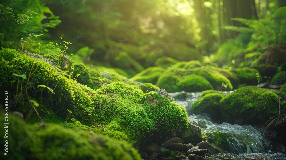 Lush green moss and flowing stream in forest. Lush green moss and flowing stream in forest.