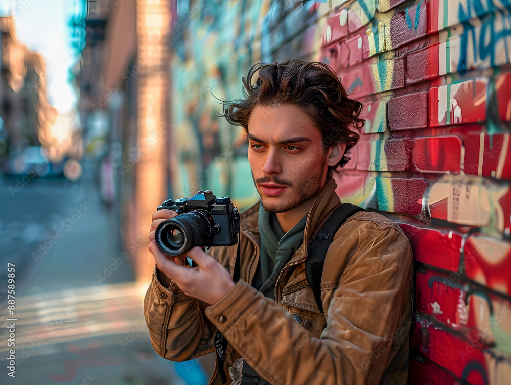 A young stylish photographer, camera in hand, stands on a bustling city street corner. A young stylish photographer, camera in hand, stands on a bustling city street corner.