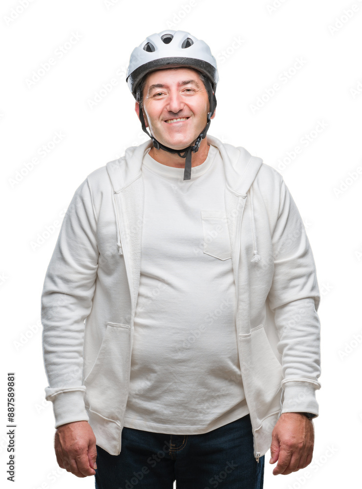 Handsome senior cyclist man wearing bike helmet over isolated background with a happy face standing and smiling with a confident smile showing teeth Handsome senior cyclist man wearing bike helmet over isolated background with a happy face standing and smiling with a confident smile showing teeth