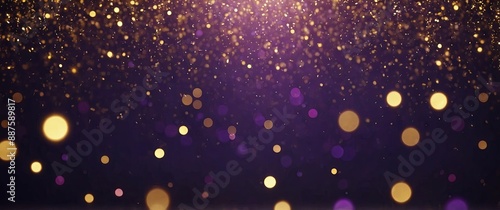 Decoration twinkle lights background, abstract shiny backdrop with circles, modern design overlay with sparkling glimmers Purple and golden backdrop glittering sparks with glow effect,.
