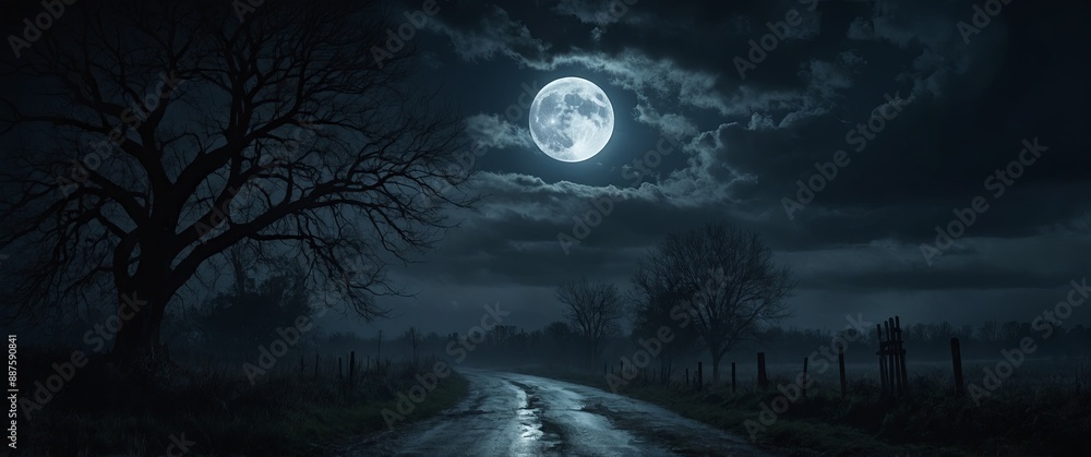 Epic spooky night scene with a full moon shining on a misty stormy sky Horror concept art. Epic spooky night scene with a full moon shining on a misty stormy sky Horror concept art.