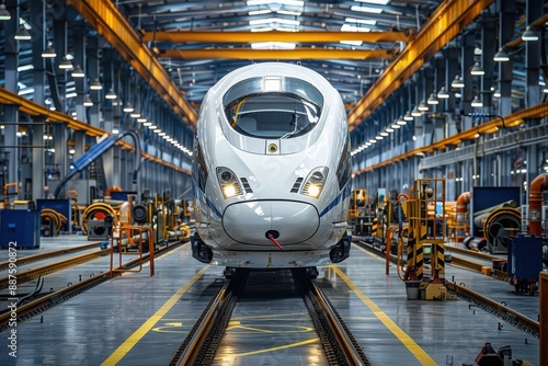 A high-speed train assembly line with engineers and designers collaborating photo