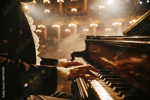 Close-Up of Mozart Playing Piano in a Concert Hall