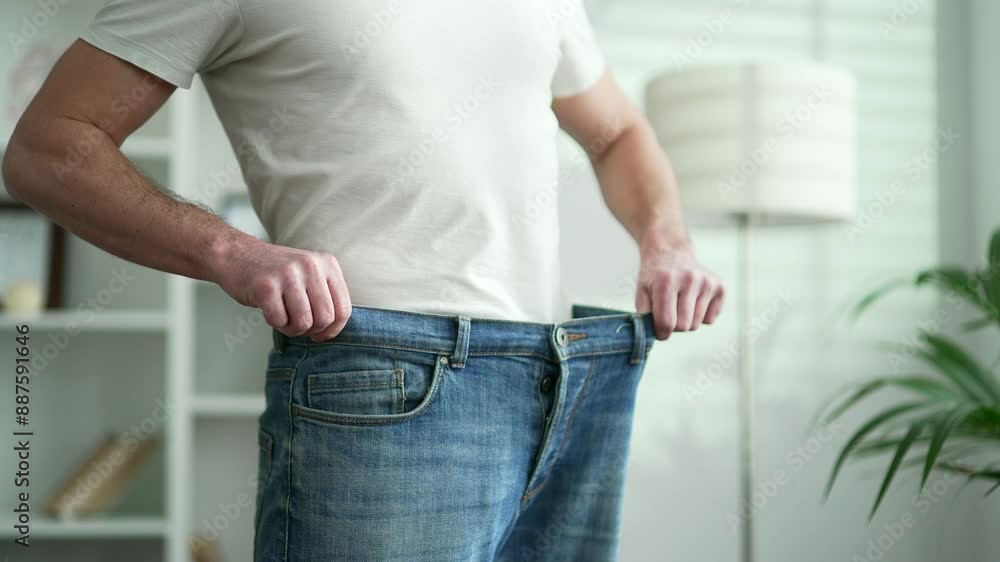 Close up of male hands trying on his big pants after losing weight. A middle aged man is happy with the success of a good figure waist after a diet while standing in living room at home
