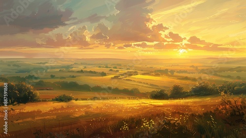 Wallpaper Mural Countryside Sunset: The setting sun casts its radiant glow over the countryside, painting the sky in hues of orange and pink, and enveloping the rolling hills and fields in a tranquil, golden aura.
 Torontodigital.ca
