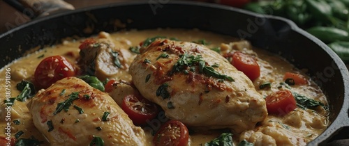 Close-up of Creamy Tuscan Chicken cooked in a cast iron pan. photo