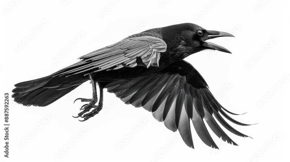 Obraz premium A black crow in flight with wings spread wide against a white background.
