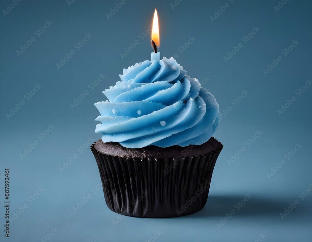 Single blue Cupcake With a Burning Candle on blue Background Single blue Cupcake With a Burning Candle on blue Background