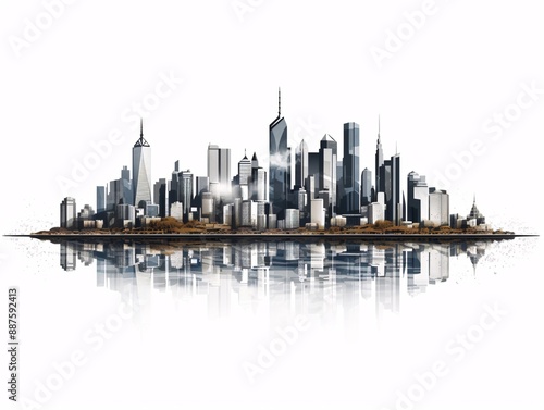 a city skyline with many tall buildings and a body of water