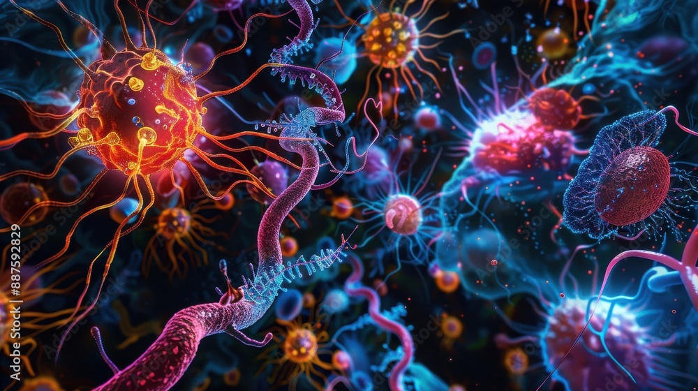 Obraz premium A depiction of parasites at a microscopic level, showing their detailed anatomy and interaction with host cells, illuminated by bright colors against a dark, contrasting background