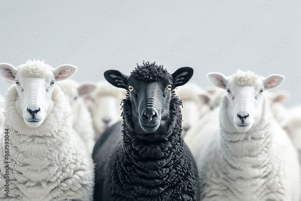 Black Sheep Standing Out in Group of White Sheep Emphasizing Individuality and Uniqueness Black Sheep Standing Out in Group of White Sheep Emphasizing Individuality and Uniqueness