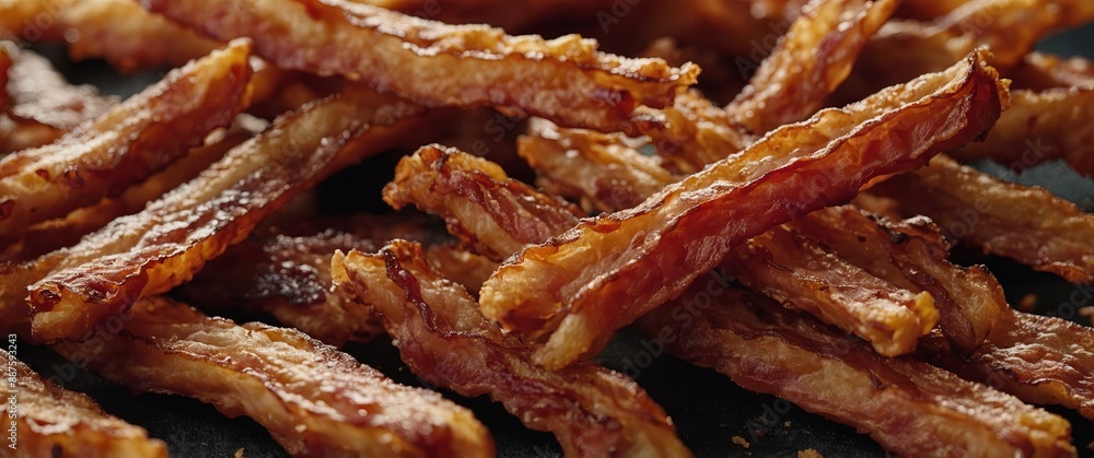 crunchy fried bacon strips background full frame banner. crunchy fried bacon strips background full frame banner.