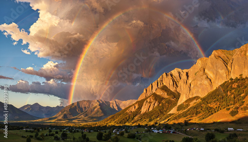 Double arc-en-ciel sur des montagnes ensoleillées photo