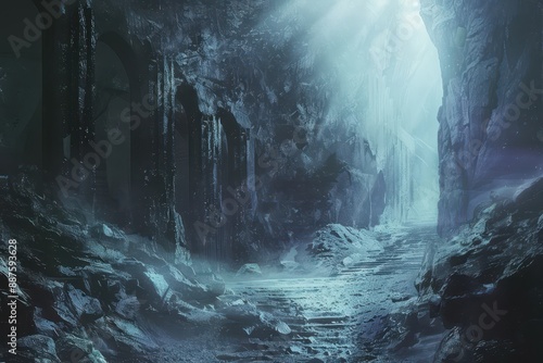 Mysterious stone ruins in an underground cavern bathed in an ethereal glow photo