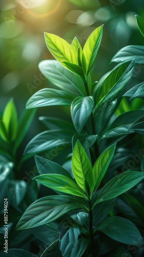 Extreme close-up of plant-based energy, photography style, green leaves symbolizing energy, bright background