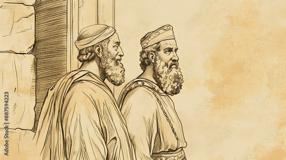 Fototapeta premium 2 Chronicles 27: Jotham's Reign, Construction Projects, Military Successes, Biblical Illustration, Beige Background, copyspace