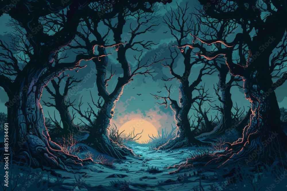 Haunted forest, creepy trees, flat design illustration, ink and pencil Haunted forest, creepy trees, flat design illustration, ink and pencil