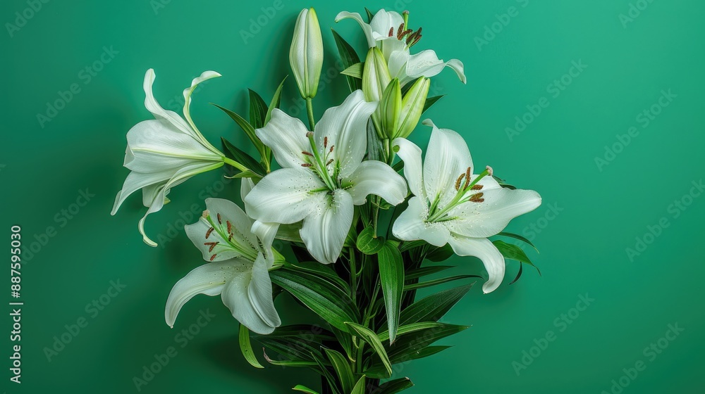 Obraz premium White lilies bouquet on green backdrop