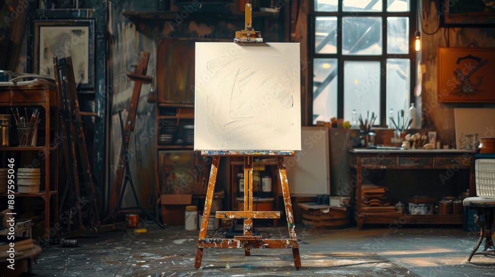 Easel With A Blank Canvas Illuminated By Natural Light, In A Stylish Workshop, Empty Space, Serene And Inviting, High Quality Background Easel With A Blank Canvas Illuminated By Natural Light, In A Stylish Workshop, Empty Space, Serene And Inviting, High Quality Background