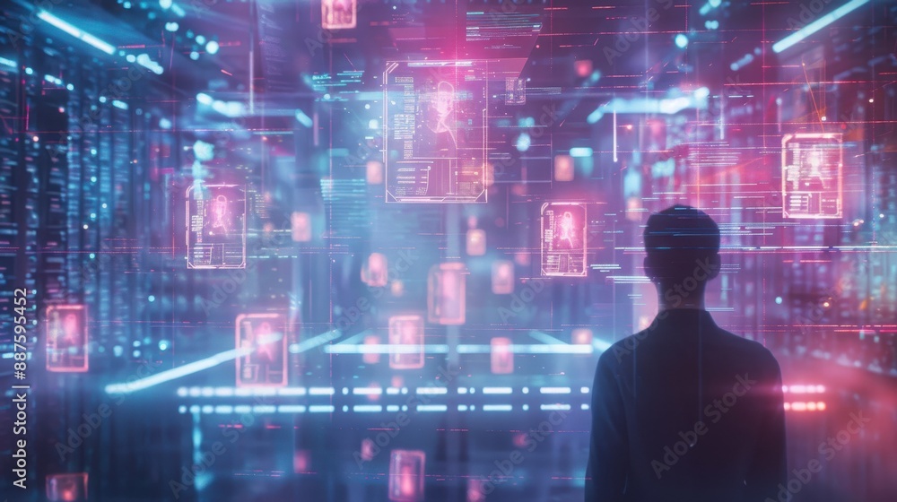 An abstract technology visualization of a headhunter analyzing candidate profiles on holographic screens, with a modern, high-tech office background filled with digital interfaces and vibrant lighting An abstract technology visualization of a headhunter analyzing candidate profiles on holographic screens, with a modern, high-tech office background filled with digital interfaces and vibrant lighting