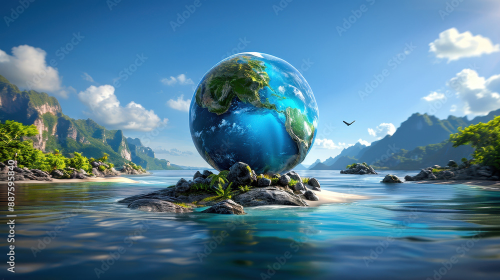 A picturesque fantasy island scene features a giant globe resting on rocky terrain surrounded by clear blue water and green mountains. A picturesque fantasy island scene features a giant globe resting on rocky terrain surrounded by clear blue water and green mountains.