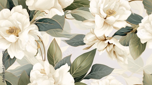 Vintage luxury design featuring a seamless pattern of white camellia flowers and leaves on an elegant and warm fabric stripe background with a watercolor effect