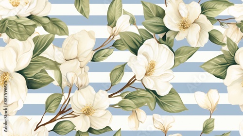 White camellia flowers and leaves elegantly scattered on a warm, striped fabric background with a vintage watercolor effect for a seamless pattern