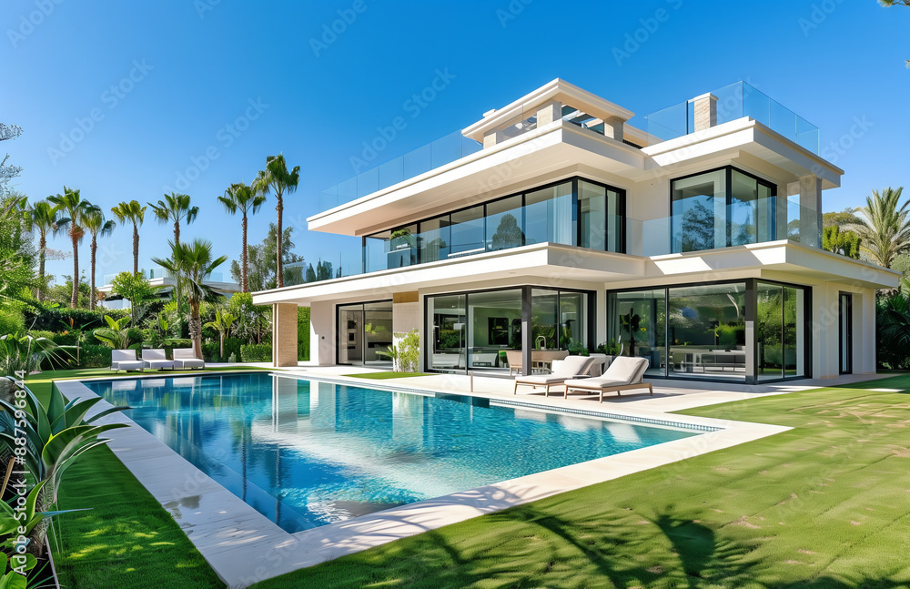 Luxury modern villa with large swimming pool and sun loungers in tropical garden. Contemporary two-story house with glass balconies and spacious outdoor area. Bright summer day with blue sky Luxury modern villa with large swimming pool and sun loungers in tropical garden. Contemporary two-story house with glass balconies and spacious outdoor area. Bright summer day with blue sky