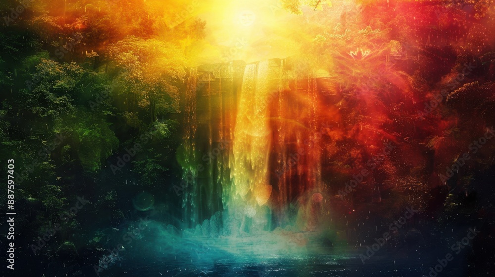 Fototapeta premium Sunset Over Waterfall: The sun sets behind a cascading waterfall, its rays painting the water with the hues of the evening sky, creating a mesmerizing blend of nature's colors. 