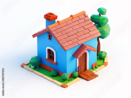 a blue house with a red roof and trees