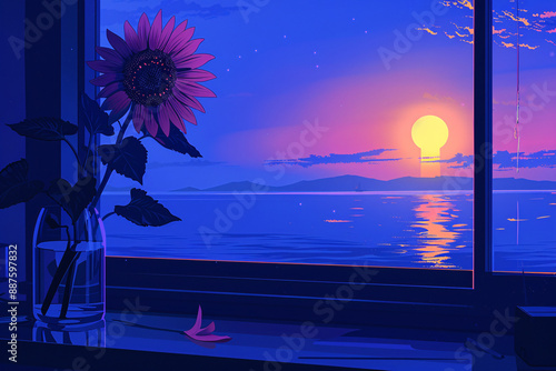 a sunflower in a vase by a window