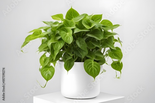 Golden pothos moss pole plant in pot white background, AI Generated