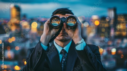 Businessman Searching Opportunities with Binoculars Overlooking Cityscape, double expoure photo