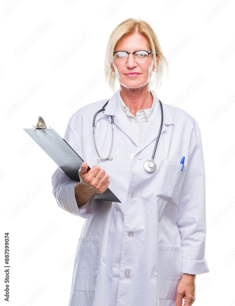 Middle age blonde doctor woman holding clipboard over isolated background with a confident expression on smart face thinking serious Middle age blonde doctor woman holding clipboard over isolated background with a confident expression on smart face thinking serious