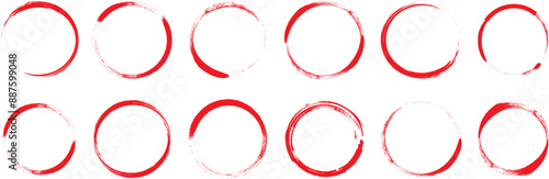 Grunge circle stain, coffee ring, cup red ink mark, round trace line art, charcoal brush outline design isolated on white background. Chalk paint vector illustration