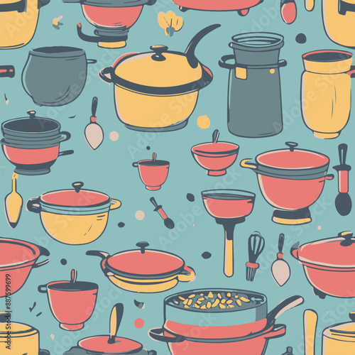 A colorful seamless pattern of pots and pans with spoons and whisks. The pots and pans are arranged in a way that creates a sense of movement and energy. The colors and shapes of the pots