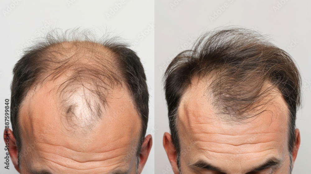 Comparison of a mans hair before and after treatment for hair loss. Hair transplant Comparison of a mans hair before and after treatment for hair loss. Hair transplant
