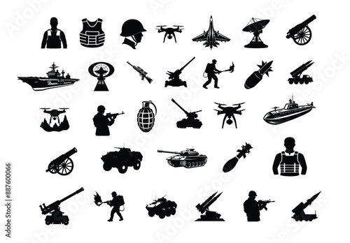 Black white glyphs military equipment weapons soldiers, personnel carrier rocket flamethrower tank launcher armored