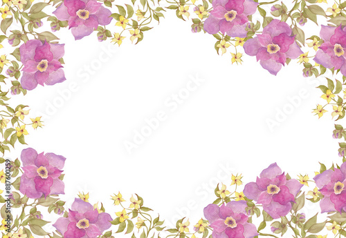 Wallpaper Mural Garden and wild flowers. Modern floral frame. Wildflowers are yellow and fuchsia colors. Ideal for decorating packaging, tableware, kitchen utensils, tablecloths, wallpaper and fabric. Wall of flowers Torontodigital.ca