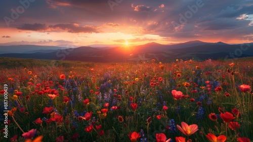 A breathtaking view of a field of vibrant flowers stretching to the horizon, with the sun setting behind distant mountains, painting the sky in stunning shades of orange and purple