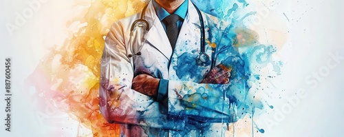 A doctor in a white coat with a stethoscope, surrounded by colorful abstract paint.