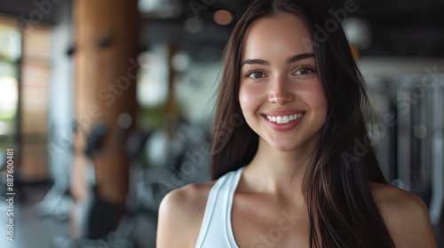 Young slim sporty woman in white T-shirt in gym