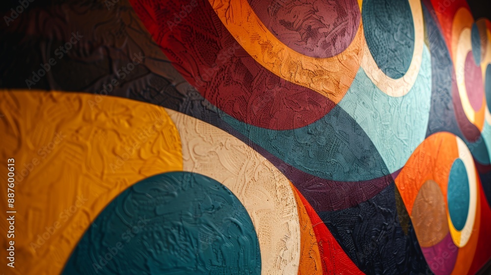 Fototapeta premium A close-up of a hand-painted mural with bold patterns and striking designs, covering an entire wall and creating a dramatic focal point in a room.