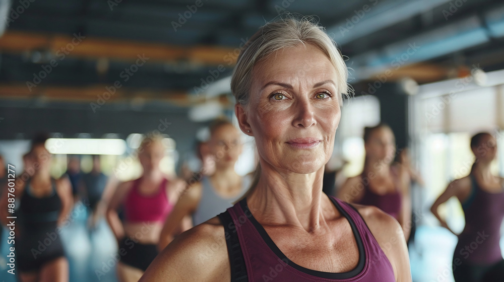 Fototapeta premium Sporty middle-aged woman doing fitness with athletes in gym
