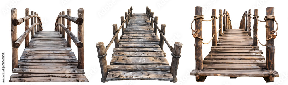 Obraz premium Set collection of arch rustic wooden wood suspended rope suspension bridge entrance footbridge boardwalk on transparent cutout PNG file. Many different assorted style. Mockup template for design