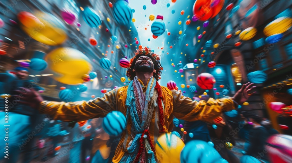 A high-energy shot of a street performer juggling brightly colored balls in a bustling market, capturing the dynamic and eye-catching action with bold and vibrant colors that stand A high-energy shot of a street performer juggling brightly colored balls in a bustling market, capturing the dynamic and eye-catching action with bold and vibrant colors that stand