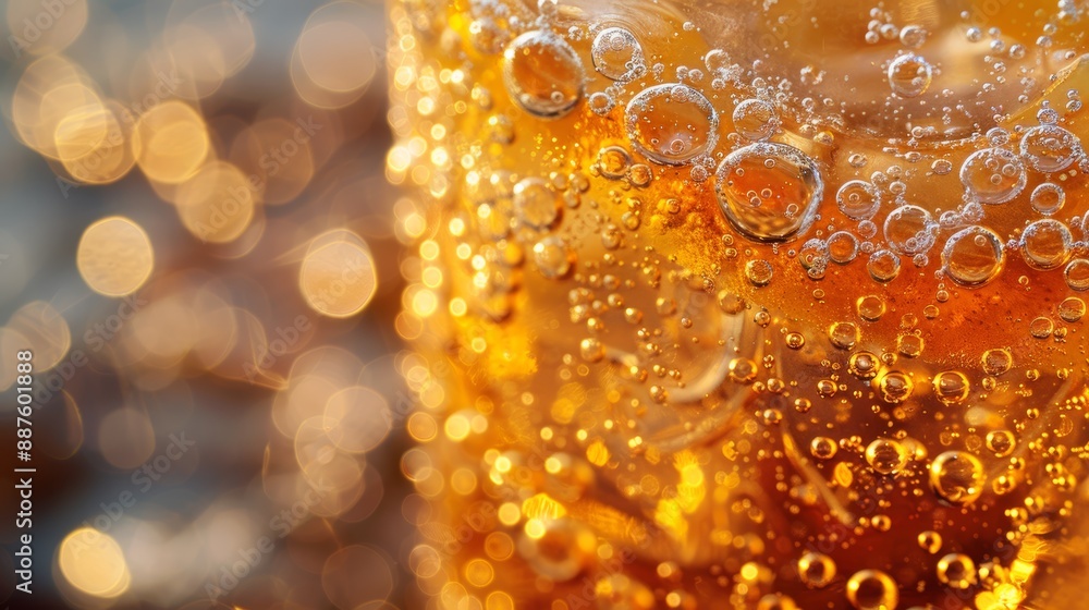 A macro photograph of bubbles fizzing and popping in a glass of zesty, citrusy soda, capturing the intense and refreshing effervescence of the drink. A macro photograph of bubbles fizzing and popping in a glass of zesty, citrusy soda, capturing the intense and refreshing effervescence of the drink.