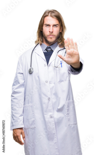 Young handsome doctor man with long hair over isolated background doing stop sing with palm of the hand. Warning expression with negative and serious gesture on the face.