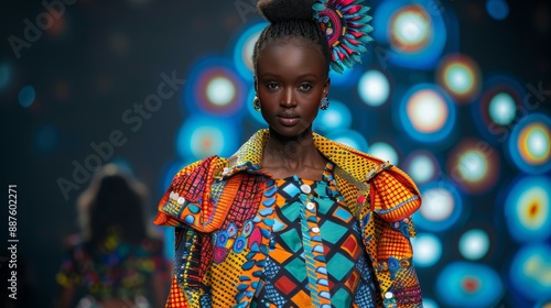 A photograph of a fashion model wearing a bright and bold outfit, featuring eye-catching patterns and vibrant colors, strutting down a runway that highlights the dynamic energy of